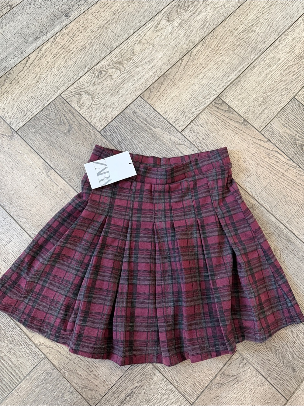 Zara Burgundy & Black Plaid Pleated Skater Skirt